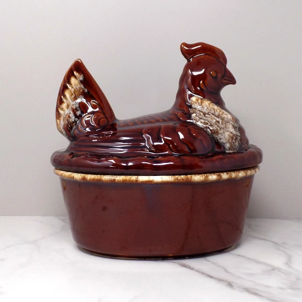 Vintage Hall Ceramic Hen on Nest Covered Dish, House 'n Garden Mirror Brown